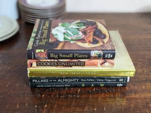 lot 80 image: Vintage Cookbooks & Art Book-Autographed Cindy Pawlcyn Big & Small Plates 2006 Cookies Unlimited 2000 The Book of New Israeli Food 2007 Pillars of The Almighty A Celebration of Cathedrals 1994 Raw - Raw Food Cookbook