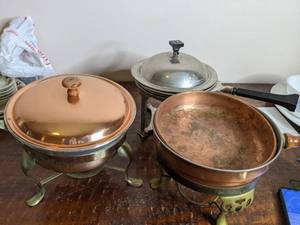 lot 131 image: 4 Chafing Dishes-1 Copper , 1 Copper and Brass and 2 Stainless Steel