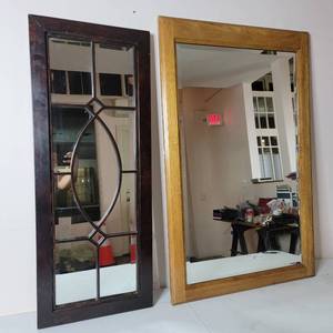 lot 128 image: Two Vintage Mirrors- Wooden Frame 28.75 x 45 16 Black Metal Frame 16.5 x 42.5