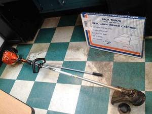 lot 16 image: Lawn Care Echo SRM-225 Trimmer, Hand & Power Reel Lawn Mower Catcher, and Ice Scraper