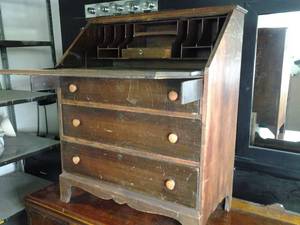 lot 108 image: Stunning Antique 3-Drawer Wooden Dresser with Drop Down Desk 