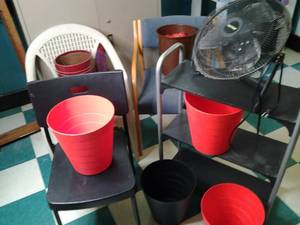 lot 115 image: Eclectic Assortment Storage Shelf, Fan, Chairs, Wastebaskets, and More. 