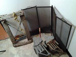 lot 140 image: Metal Fireplace Screen, Moving Dolly, and (2) Metal Mop Wringers 