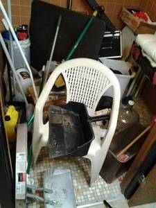 lot 141 image: All of the Contents of This Room Card Table, Brooms, Bins, Filter, Cushion, Drain Pan, and MORE 