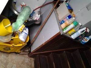 lot 142 image: Janitorial Mop Bucket and a Variety of Cleaning Supplies