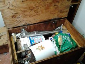 lot 157 image: Beautiful Vintage Wood Chest Full of Random Kitchen Supplies and More. 