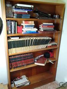 lot 158 image: Sturdy Large Wood Bookshelf Full of Books Britannica, World Books, Yearbooks, Etc. 