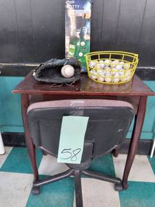 lot 58 image: Vintage Side Table and Accessories Golf Balls, Baseball, Sports Mitt, and More. 