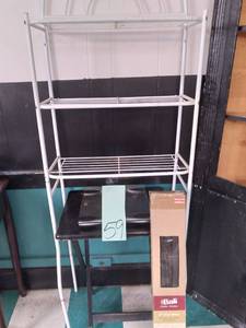 lot 59 image: Everything Bathroom Wire Shelf, (2) Shower Caddies, Bali Blinds, Scale and More 
