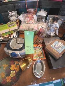 lot 73 image: Eclectic Lot of Items CD Player, Mini-Muffin Pans, Jewelry Holder, Vintage Decor, Invisible Window, and More. 
