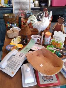 lot 78 image: Large Lot of Misc Home Decor Vintage Washboard, Wicker, Telephone, Butterfly, Chicken, and So Much More 
