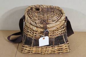 lot 75 image: Antique Woven Fish Basket with Leather Cinch