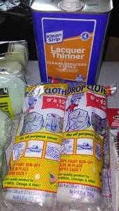 lot 553 image: Paint Supplies, Roller Covers, Drop Cloths, Brushes, Lacquer Thinner & More