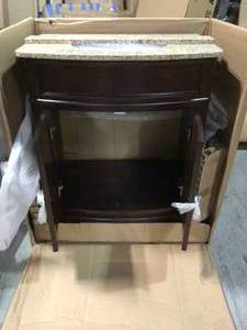 lot 6 image: Terryn 31 in. W x 35 in. H x 20 in. D Vanity in Cherry with Granite Vanity Top in Beige with White Basin by Home Decorators Collection Customer Returns See Pictures