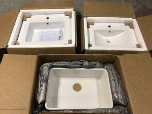 lot 16 image: Lot of 3 Arvesen 18 in. W x 12 in. D Vanity in Dove Grey with Ceramic Vanity Top in White with White Sink by Home Decorators Collection Customer Returns See Pictures