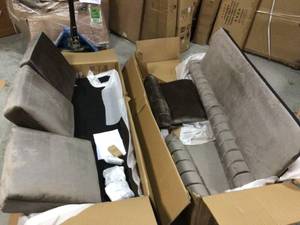 lot 40 image: Noble House Bowue 84 in. Dark Taupe Solid Velvet 3-Seat Chesterfeild Sofa with Nailhead Customer Returns See Pictures