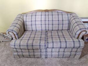 lot 6 image: Comfy S.O.A.R Cochrane Plaid Wood-Trimmed Loveseat