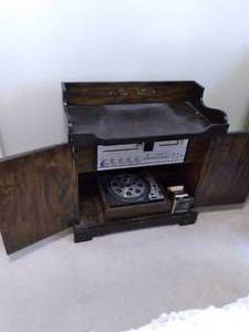 lot 10 image: Dark Wood Multi-Media Cabinet with Electrophonic Receiver and More 