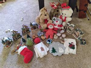 lot 21 image: Christmas Decor and More Kringle Bear, Santa Bear, Peter Rabbit, Village, Towels, Etc. 