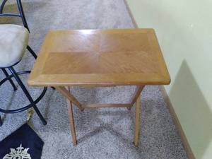lot 22 image: Decorative Metal and Padded Seat Swivel Bar Stool, TV Tray, Magician Props 