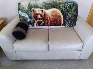 lot 30 image: Comfy Sand Tone Durablend 59 Loveseat with Throw Blanket and Accent Pillow