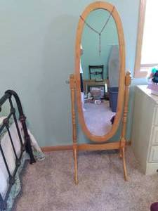 lot 45 image: Adorable Wood Framed Floor Mirror and Rosary Set