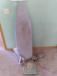 lot 50 image: Iron It Full Size Ironing Board and Hamilton Beach Steam Storm Hot Iron and Scale