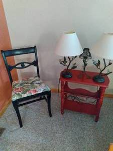 lot 52 image: Gorgeous Set of (3) Tree Branch Style Lamps, Chair, and Painted Magazine Rack End Table