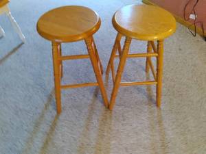 lot 58 image: Belly Up... Set of (2) Wood Swivel Bar Stools