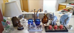 lot 60 image: Gorgeous Home Decor Table Lamp, Cobalt Blue Goblets, Boyds Bears, Candle Holder, Amber Glass Decanter, and More. 