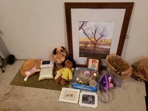 lot 84 image: Eclectic Collection of Home Decor Paddington Bear, Candles, Wall Art, Pillows, Wicker Sunhat, Willow Tree, and More 