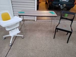 lot 110 image: Assortment of Chairs and More Vintage High Chair, Swiffer, Folding Table, Wooden Chair, Etc. 
