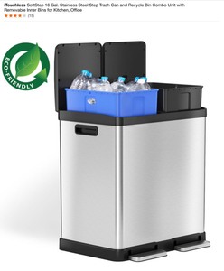 lot 11 image: iTouchless SoftStep 16 Gal. Stainless Steel Step Trash Can and Recycle Bin Combo Unit with Removable Inner Bins for Kitchen, Office. See Pictures