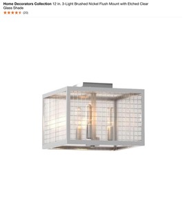lot 21 image: Home Decorators Collection 12 in. 3-Light Brushed Nickel Flush Mount with Etched Clear Glass Shade. See Pictures