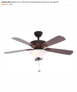 lot 28 image: Hampton Bay Wellston 44 in. LED Indoor Oil Rubbed Bronze Ceiling Fan with Light Kit. & Claret 52 in. Indoor Oil Rubbed Bronze Ceiling Fan with Light Kit. See Pictures