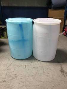 Lot of 2 Assorted 55 gallon Blemished Natural White Industrial Plastic Drum by EarthMinded Customer Returns See Pictures