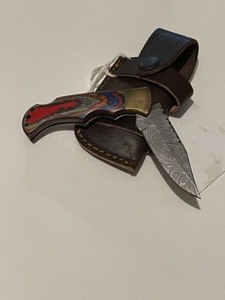 Custom Made Belt Knife with Multi Colored Wood Handle Damascus Blade and Leather Sheath