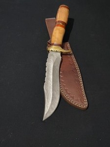 Custom Handmade Bowie Knife with Damascus Blade Cherry and Beech Wood Handle and Leather Sheath