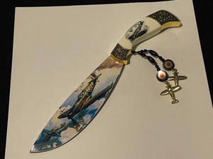 WWII Spitfire Fighter Jet Collector Grade Pilots 12.5 Knife with Stand Artwork by Russell
