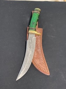 Custom Hand Made Bowie Knife with Damascus Blade and Green African Wood Handle and Damascus Steel Blade