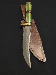 Custom Hand Made Damascus Blade Bowie Knife with exotic wood and leather handle