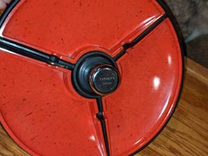 lot 25 image: Vintage MCM 1950s Orange & Black Melamine Divided Ashtray wCenter Lighter