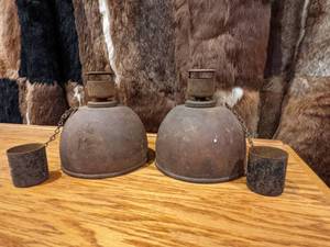 lot 41 image: (2) Pressed Steel Railroad Flare Lanterns