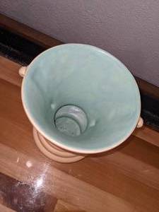 lot 65 image: Art Deco Red Wing Pottery RUMRILL Handled Vase, Yellow with Nile Green Inside