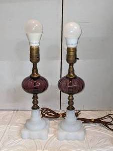 lot 125 image: Pair of Vintage Milk Glass Lamps wDeep Purple Globes