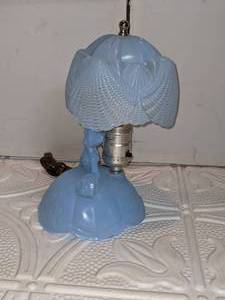 lot 130 image: 1940s Southern Belle Blue Milk Glass Boudoir Bedroom LampNight Light