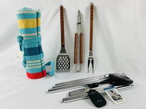 lot 31 image: Patio Party Set - BBQ Tools, Wind Chime, Picnic Mat - NEW