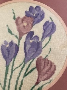 lot 16 image: Framed Floral Needlepoint & Three Glass Bud Vases with Silver Tray