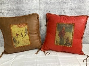 lot 20 image: Two Leather Throw Pillows and Velour Style Throw