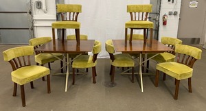 lot 43 image: Versatile Dining Set w10 Upholstered Chairs - Can Seat Two Tables of 4 or Expand to 104 Single Table w Leaf